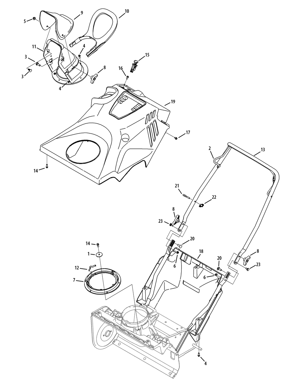 Shroud, Chute And Handle Diagram and Parts List for 1X221HP (31AS2S5D710-31AS2S5D756)(2014) Cub Cadet Snow Blower